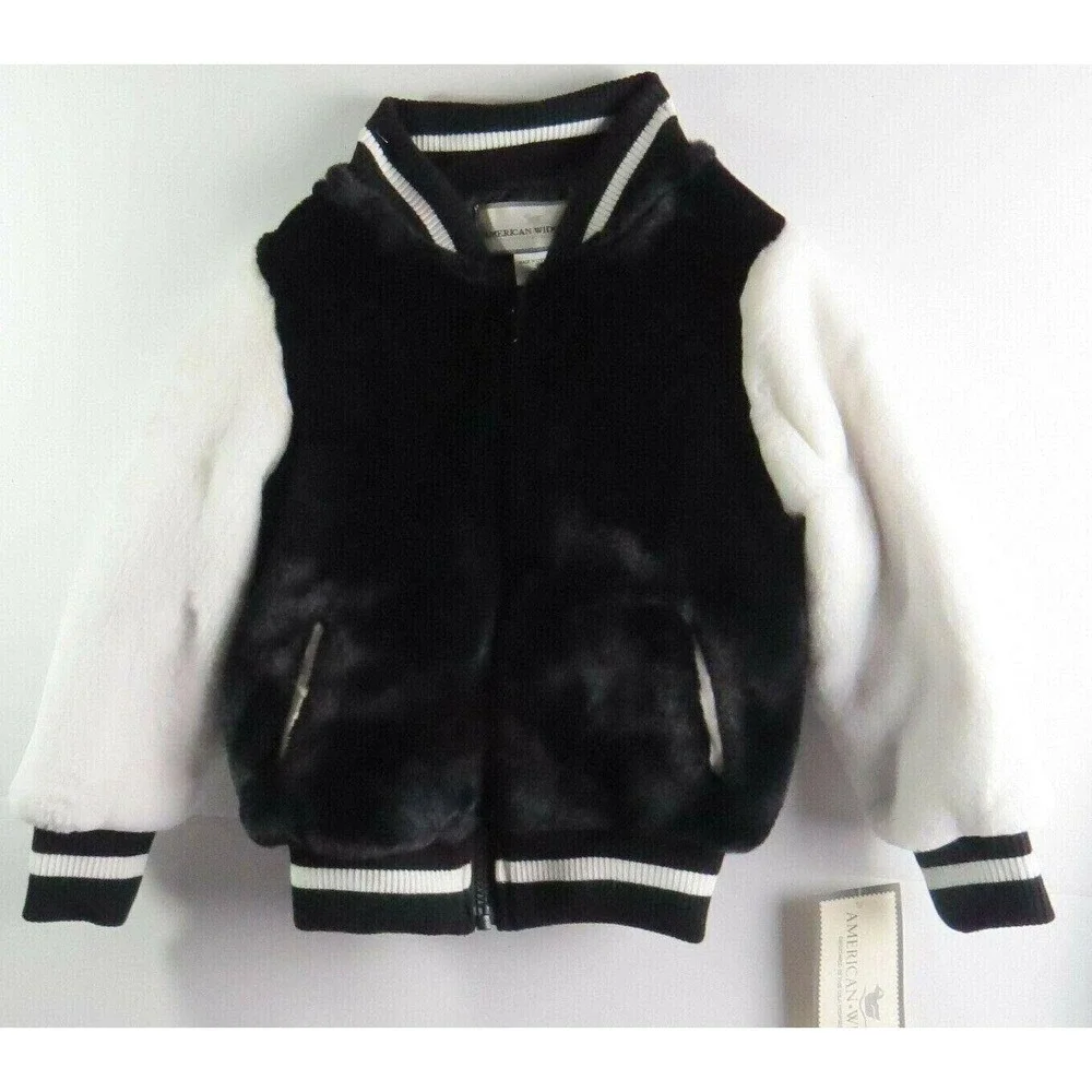 American‎ Widgeon Kids Faux Fur Varsity Bomber Jacket Black White Size 4